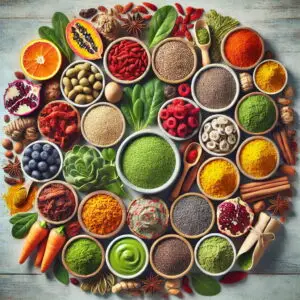 superfoods arranged in a circular pattern